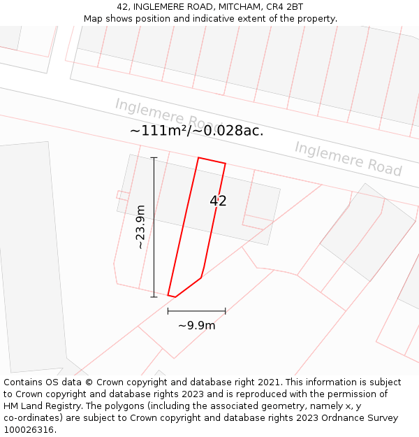 42, INGLEMERE ROAD, MITCHAM, CR4 2BT: Plot and title map
