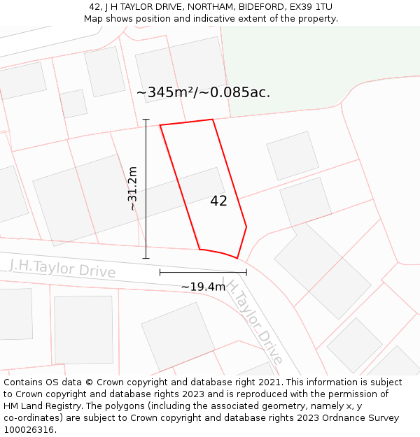 42, J H TAYLOR DRIVE, NORTHAM, BIDEFORD, EX39 1TU: Plot and title map