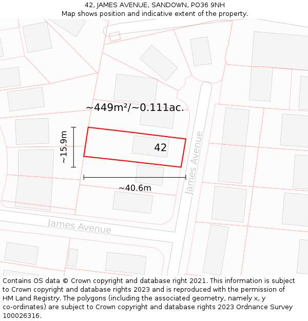 42, JAMES AVENUE, SANDOWN, PO36 9NH: Plot and title map