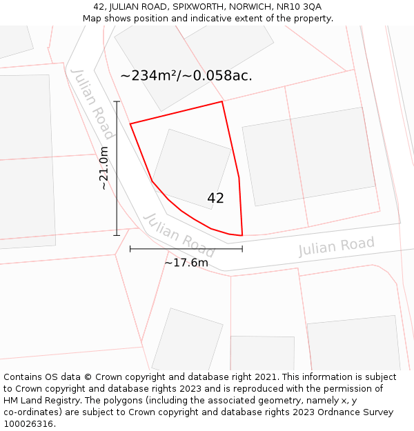 42, JULIAN ROAD, SPIXWORTH, NORWICH, NR10 3QA: Plot and title map