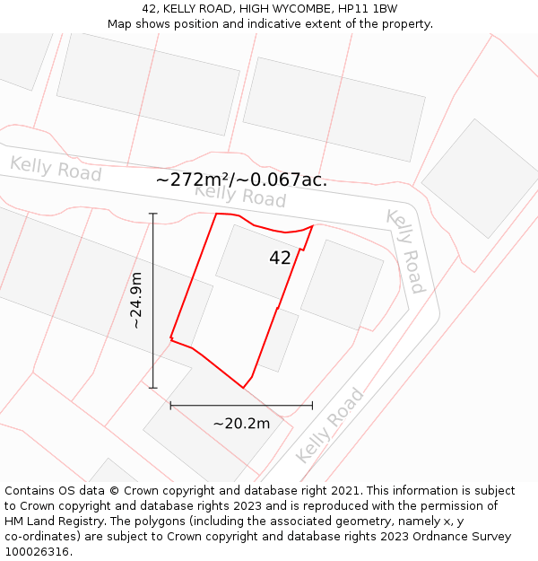 42, KELLY ROAD, HIGH WYCOMBE, HP11 1BW: Plot and title map