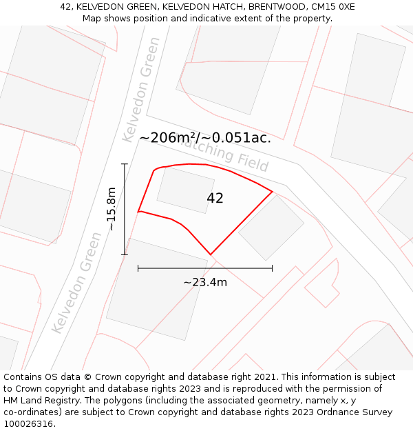 42, KELVEDON GREEN, KELVEDON HATCH, BRENTWOOD, CM15 0XE: Plot and title map