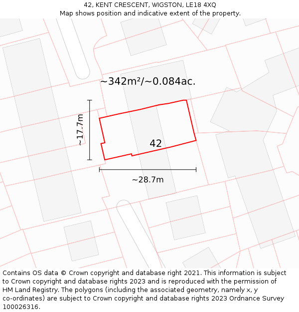 42, KENT CRESCENT, WIGSTON, LE18 4XQ: Plot and title map