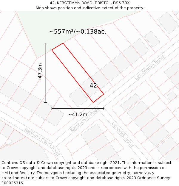 42, KERSTEMAN ROAD, BRISTOL, BS6 7BX: Plot and title map