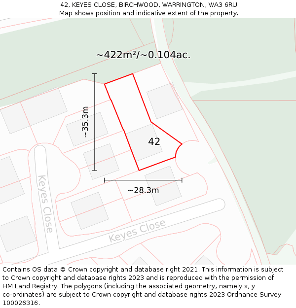 42, KEYES CLOSE, BIRCHWOOD, WARRINGTON, WA3 6RU: Plot and title map