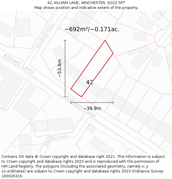 42, KILHAM LANE, WINCHESTER, SO22 5PT: Plot and title map