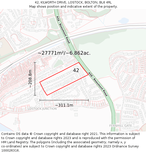 42, KILWORTH DRIVE, LOSTOCK, BOLTON, BL6 4RL: Plot and title map