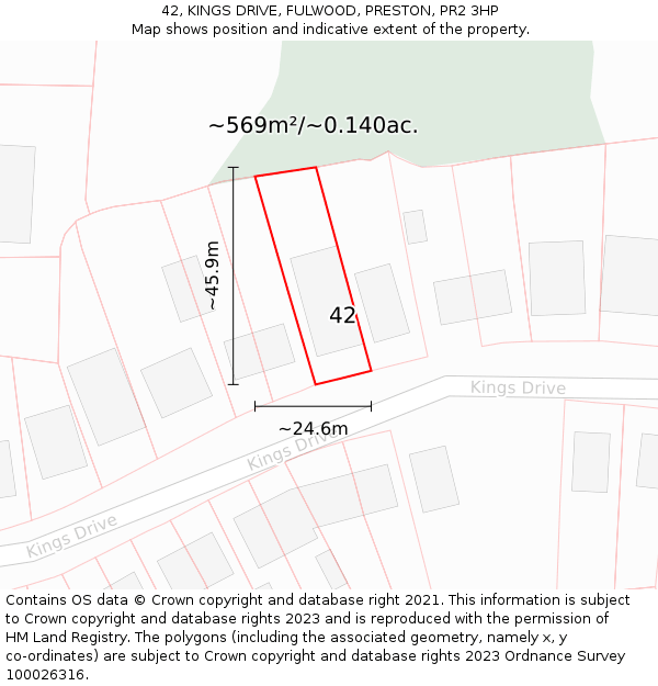 42, KINGS DRIVE, FULWOOD, PRESTON, PR2 3HP: Plot and title map