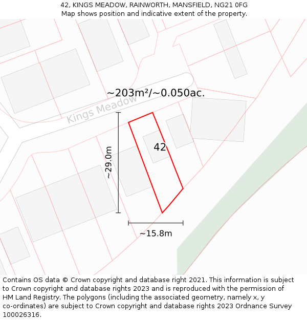 42, KINGS MEADOW, RAINWORTH, MANSFIELD, NG21 0FG: Plot and title map