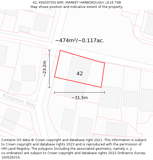 42, KINGSTON WAY, MARKET HARBOROUGH, LE16 7XB: Plot and title map