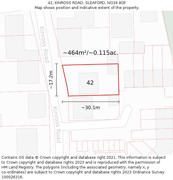 42, KINROSS ROAD, SLEAFORD, NG34 8GF: Plot and title map