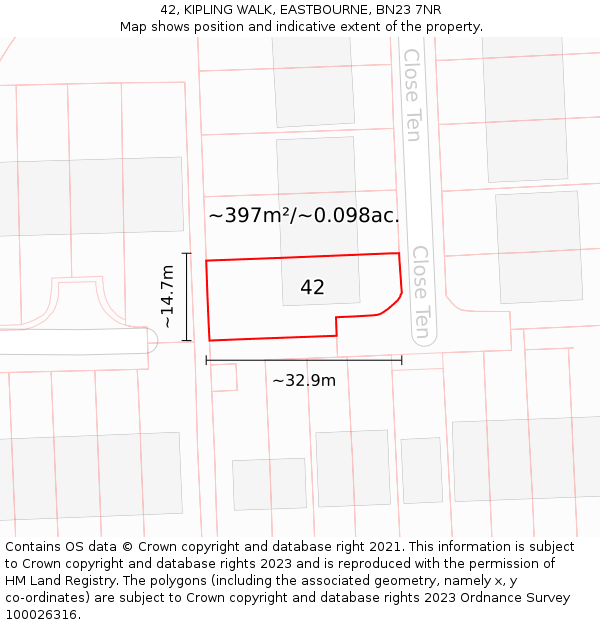 42, KIPLING WALK, EASTBOURNE, BN23 7NR: Plot and title map