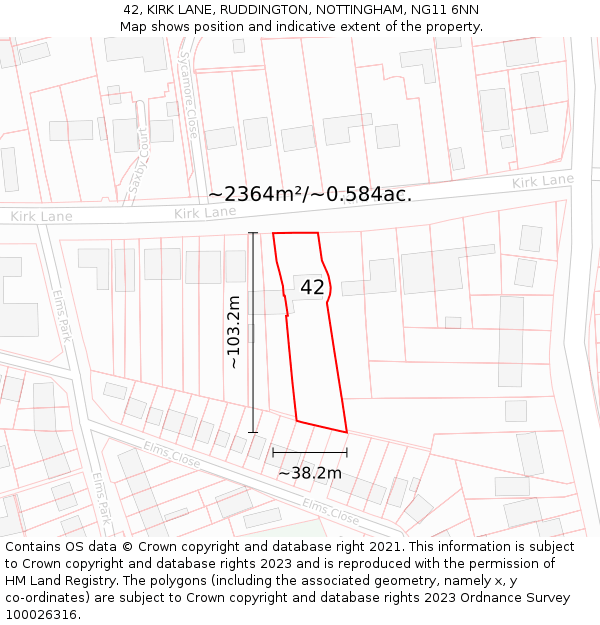 42, KIRK LANE, RUDDINGTON, NOTTINGHAM, NG11 6NN: Plot and title map