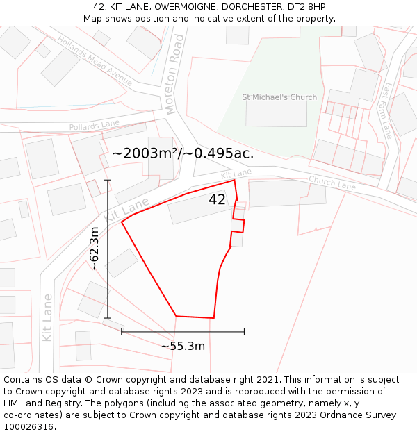 42, KIT LANE, OWERMOIGNE, DORCHESTER, DT2 8HP: Plot and title map