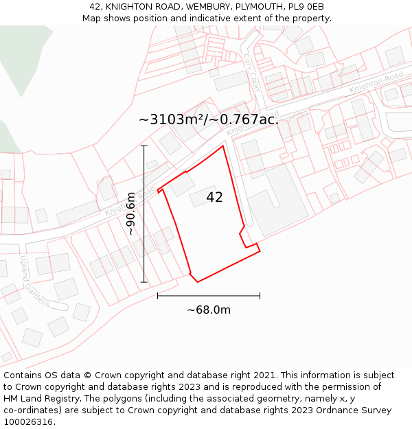 42, KNIGHTON ROAD, WEMBURY, PLYMOUTH, PL9 0EB: Plot and title map