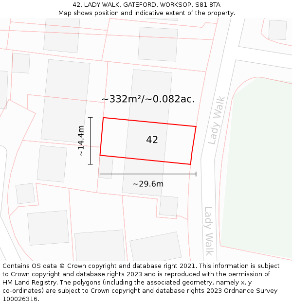 42, LADY WALK, GATEFORD, WORKSOP, S81 8TA: Plot and title map