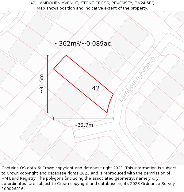 42, LAMBOURN AVENUE, STONE CROSS, PEVENSEY, BN24 5PQ: Plot and title map