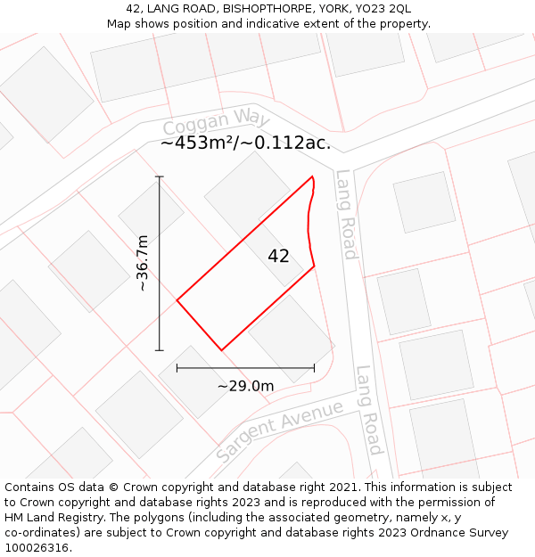 42, LANG ROAD, BISHOPTHORPE, YORK, YO23 2QL: Plot and title map