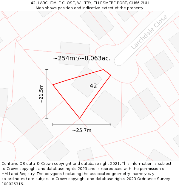 42, LARCHDALE CLOSE, WHITBY, ELLESMERE PORT, CH66 2UH: Plot and title map