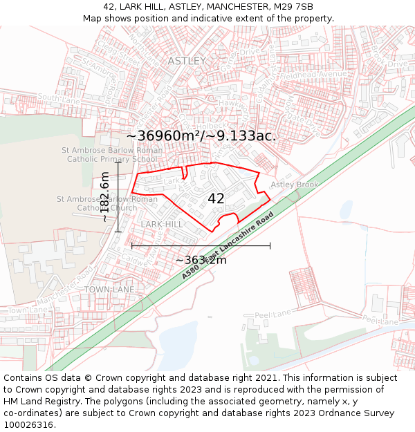 42, LARK HILL, ASTLEY, MANCHESTER, M29 7SB: Plot and title map