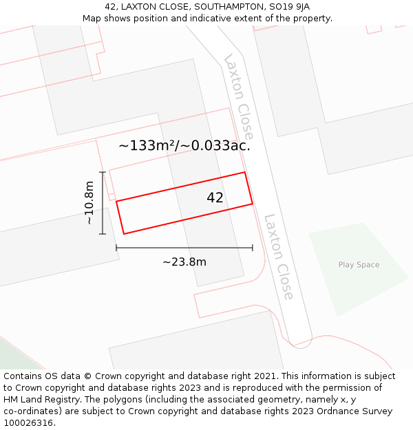 42, LAXTON CLOSE, SOUTHAMPTON, SO19 9JA: Plot and title map