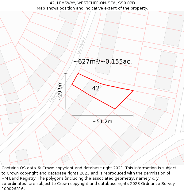 42, LEASWAY, WESTCLIFF-ON-SEA, SS0 8PB: Plot and title map