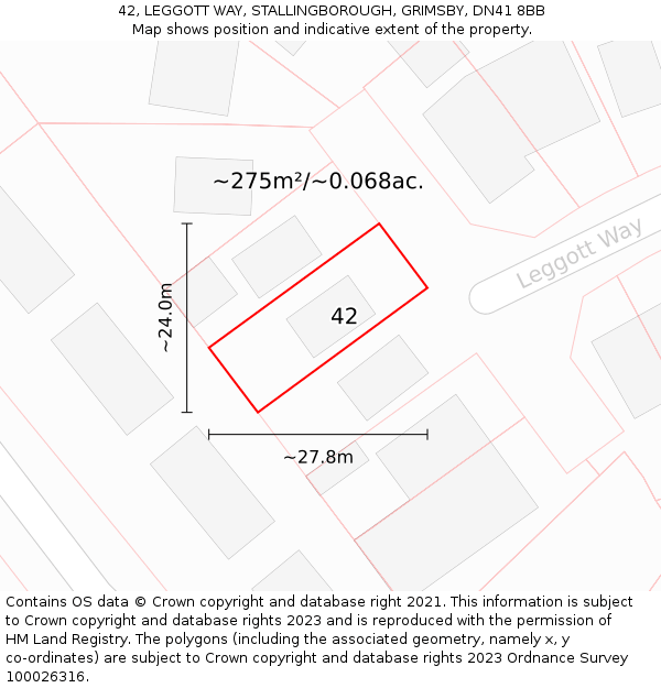 42, LEGGOTT WAY, STALLINGBOROUGH, GRIMSBY, DN41 8BB: Plot and title map