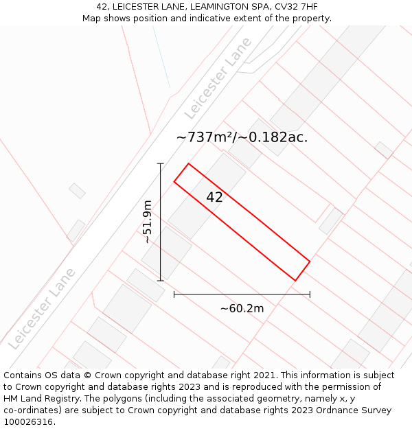 42, LEICESTER LANE, LEAMINGTON SPA, CV32 7HF: Plot and title map