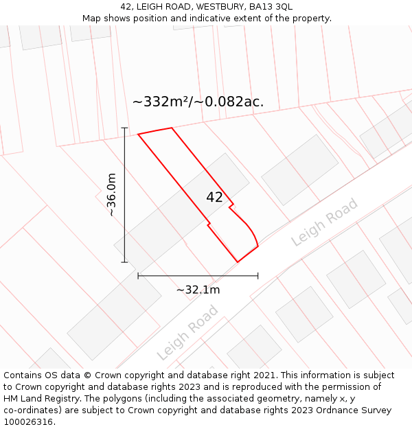 42, LEIGH ROAD, WESTBURY, BA13 3QL: Plot and title map