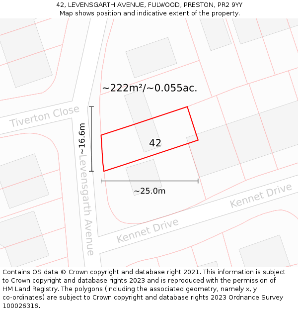 42, LEVENSGARTH AVENUE, FULWOOD, PRESTON, PR2 9YY: Plot and title map