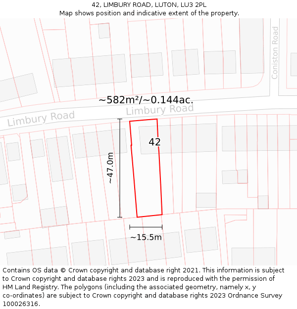 42, LIMBURY ROAD, LUTON, LU3 2PL: Plot and title map