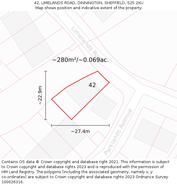 42, LIMELANDS ROAD, DINNINGTON, SHEFFIELD, S25 2XU: Plot and title map