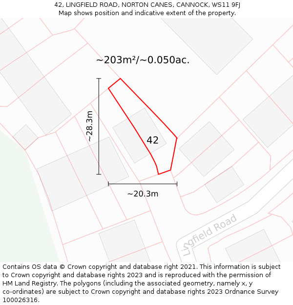 42, LINGFIELD ROAD, NORTON CANES, CANNOCK, WS11 9FJ: Plot and title map