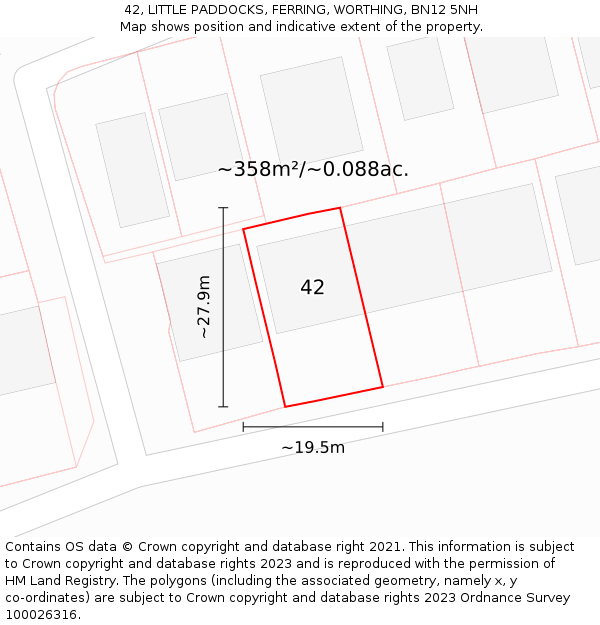 42, LITTLE PADDOCKS, FERRING, WORTHING, BN12 5NH: Plot and title map