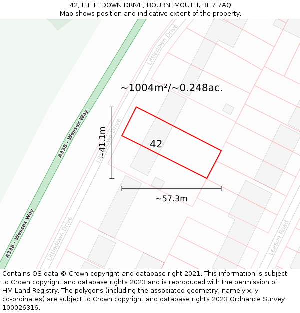 42, LITTLEDOWN DRIVE, BOURNEMOUTH, BH7 7AQ: Plot and title map