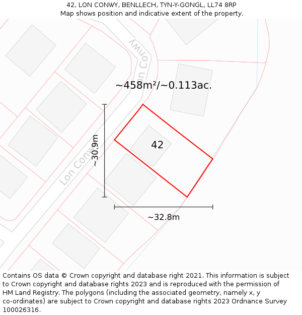 42, LON CONWY, BENLLECH, TYN-Y-GONGL, LL74 8RP: Plot and title map