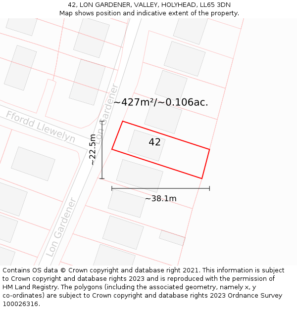 42, LON GARDENER, VALLEY, HOLYHEAD, LL65 3DN: Plot and title map