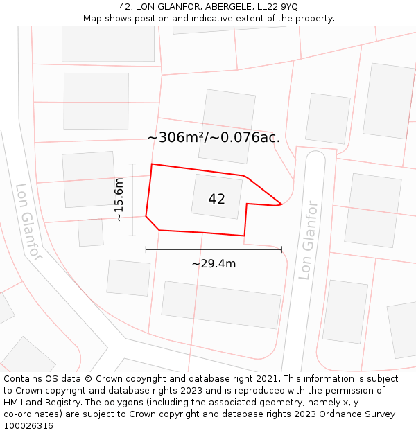 42, LON GLANFOR, ABERGELE, LL22 9YQ: Plot and title map