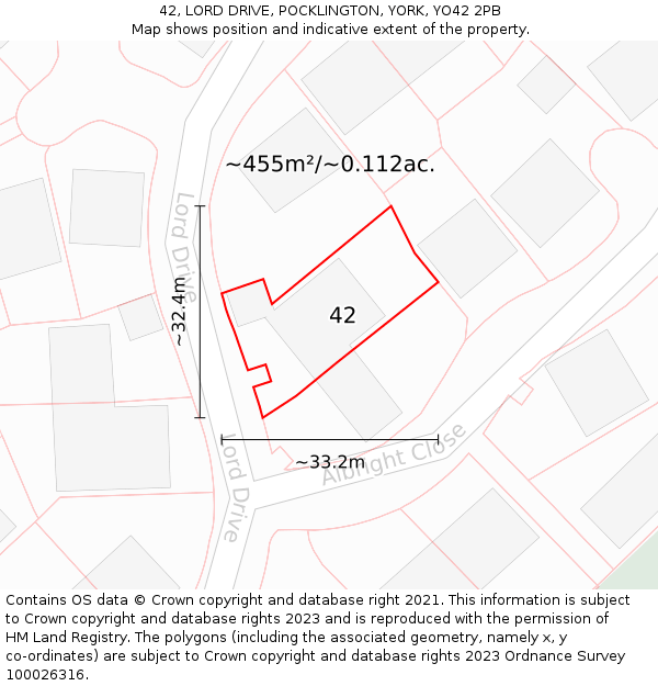 42, LORD DRIVE, POCKLINGTON, YORK, YO42 2PB: Plot and title map