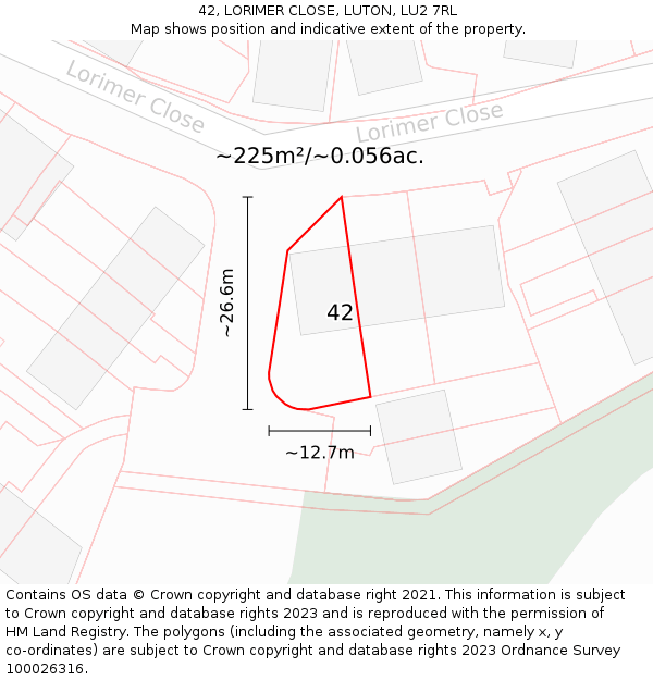 42, LORIMER CLOSE, LUTON, LU2 7RL: Plot and title map