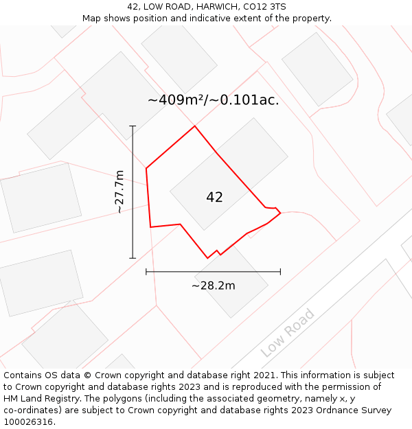 42, LOW ROAD, HARWICH, CO12 3TS: Plot and title map