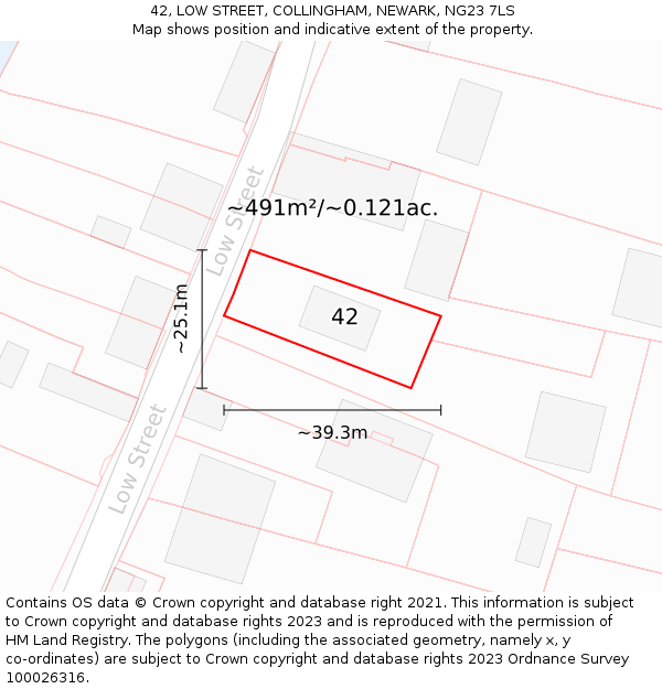 42, LOW STREET, COLLINGHAM, NEWARK, NG23 7LS: Plot and title map