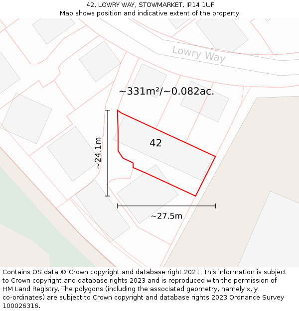 42, LOWRY WAY, STOWMARKET, IP14 1UF: Plot and title map