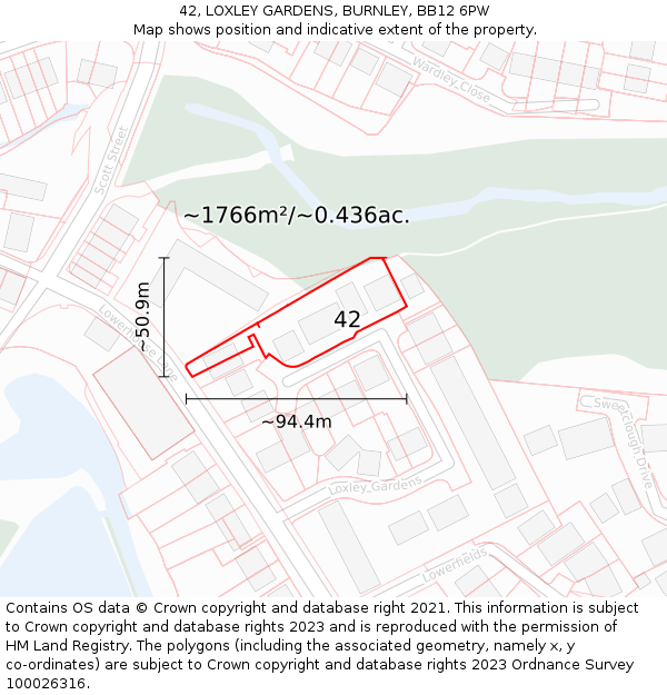 42, LOXLEY GARDENS, BURNLEY, BB12 6PW: Plot and title map