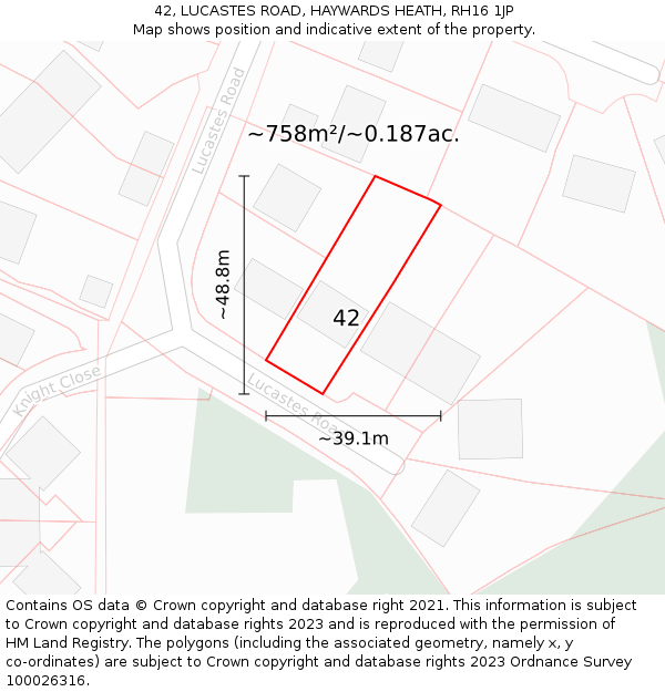 42, LUCASTES ROAD, HAYWARDS HEATH, RH16 1JP: Plot and title map