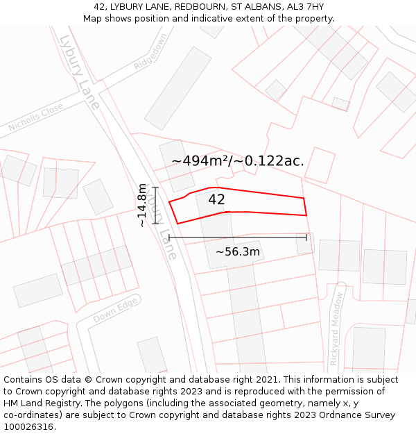 42, LYBURY LANE, REDBOURN, ST ALBANS, AL3 7HY: Plot and title map