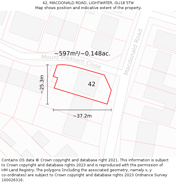 42, MACDONALD ROAD, LIGHTWATER, GU18 5TW: Plot and title map