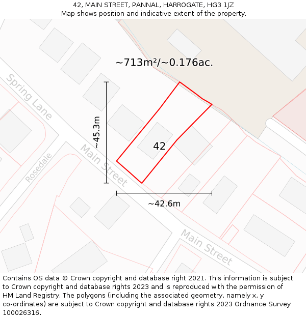 42, MAIN STREET, PANNAL, HARROGATE, HG3 1JZ: Plot and title map