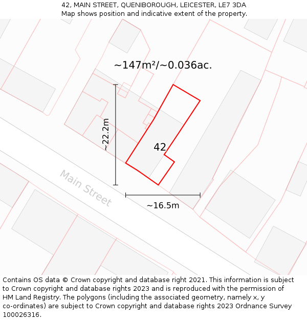 42, MAIN STREET, QUENIBOROUGH, LEICESTER, LE7 3DA: Plot and title map