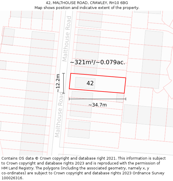 42, MALTHOUSE ROAD, CRAWLEY, RH10 6BG: Plot and title map